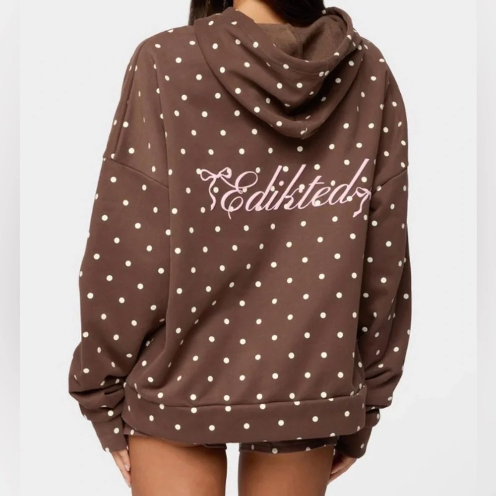 NWT Edikted Brown hoodie with cream Polka Dots Large - Picture 1 of 5